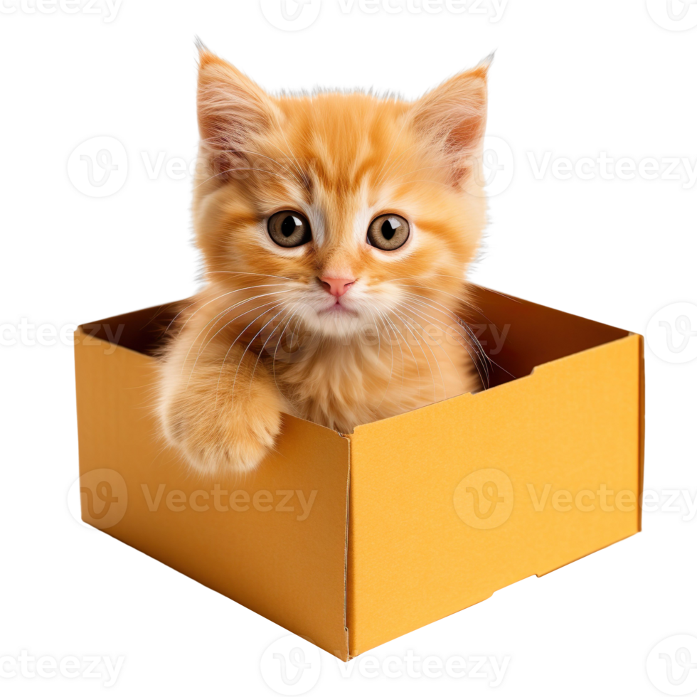 kitten sit in an orange box isolated on transparent background png
