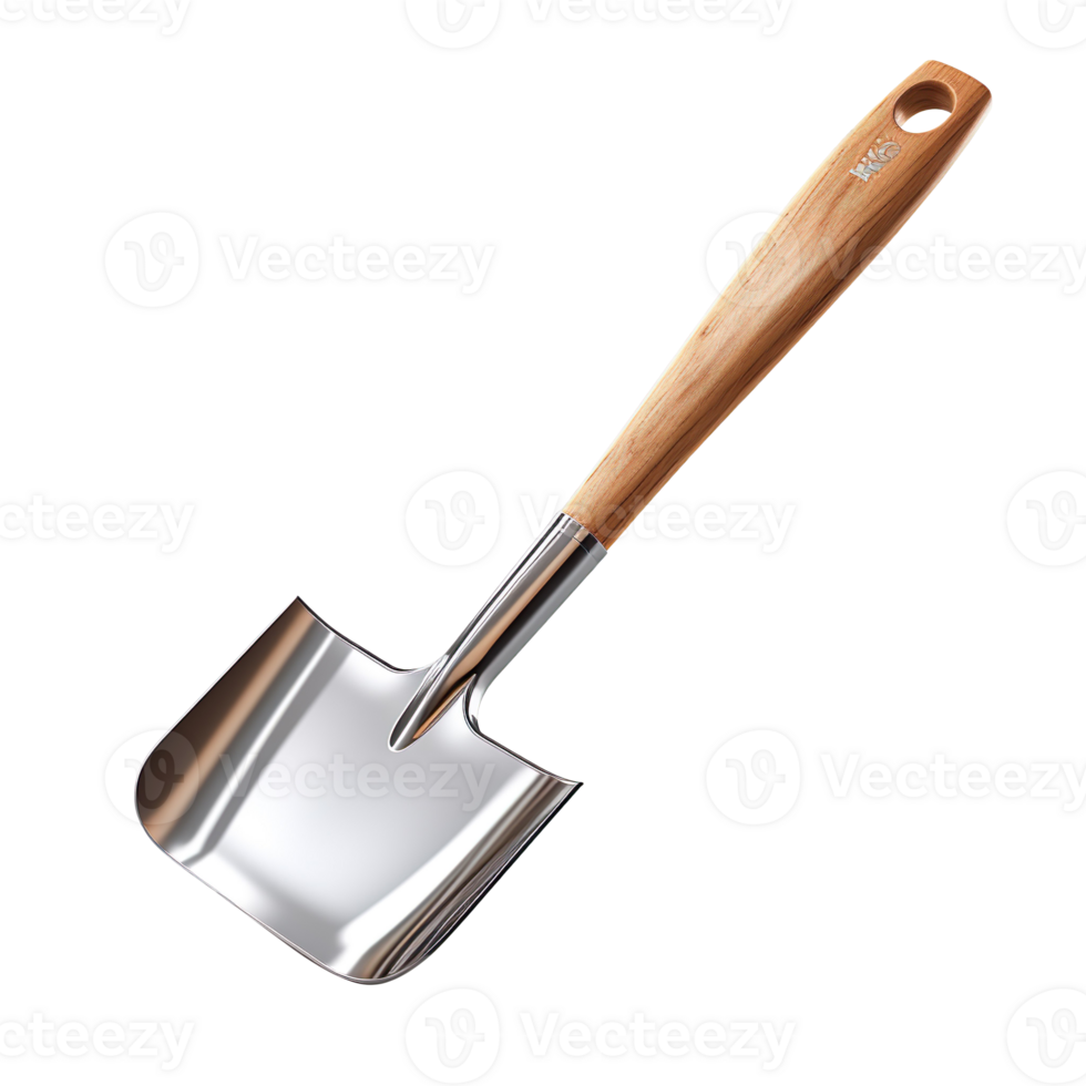 Metal shovel with wooden handle isolated on transparent background png