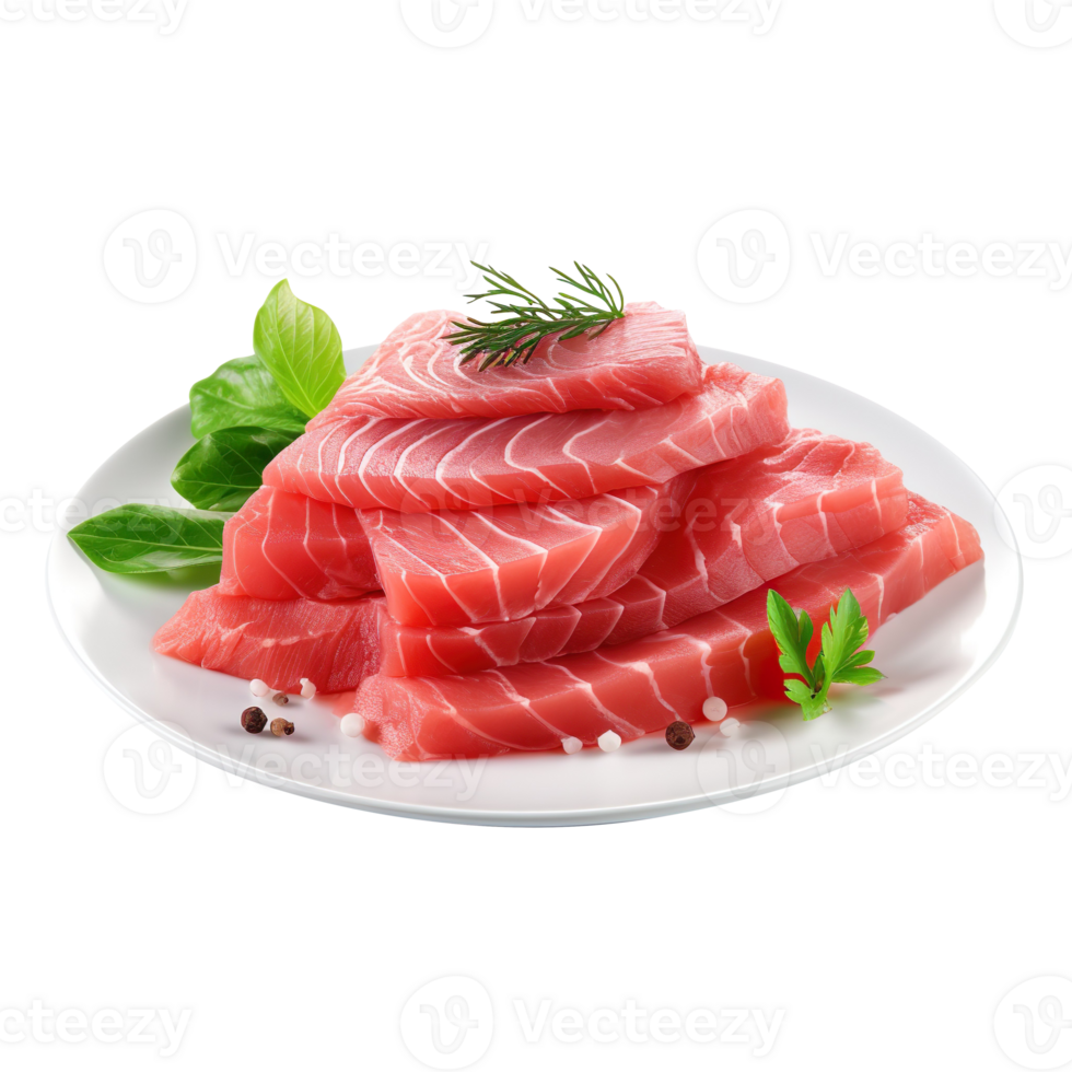 plate of raw tuna meat fillet isolated on transparent background png