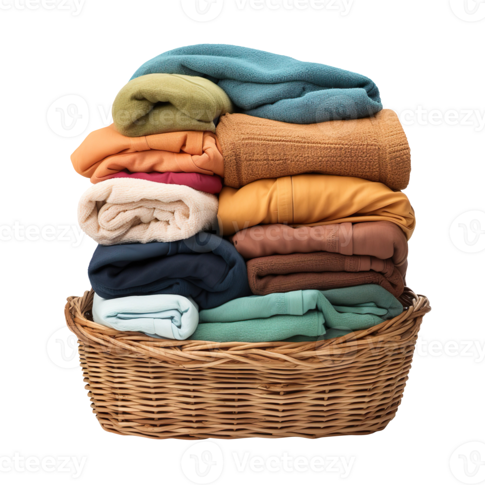 Stack of clean clothes in a Wicker basket isolated on transparent background png