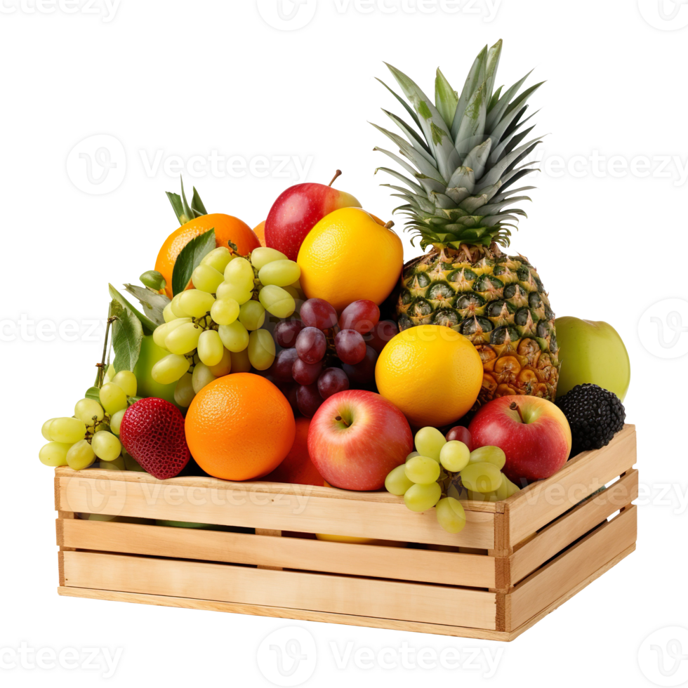 Wooden crate full of fresh fruits isolated on transparent background png