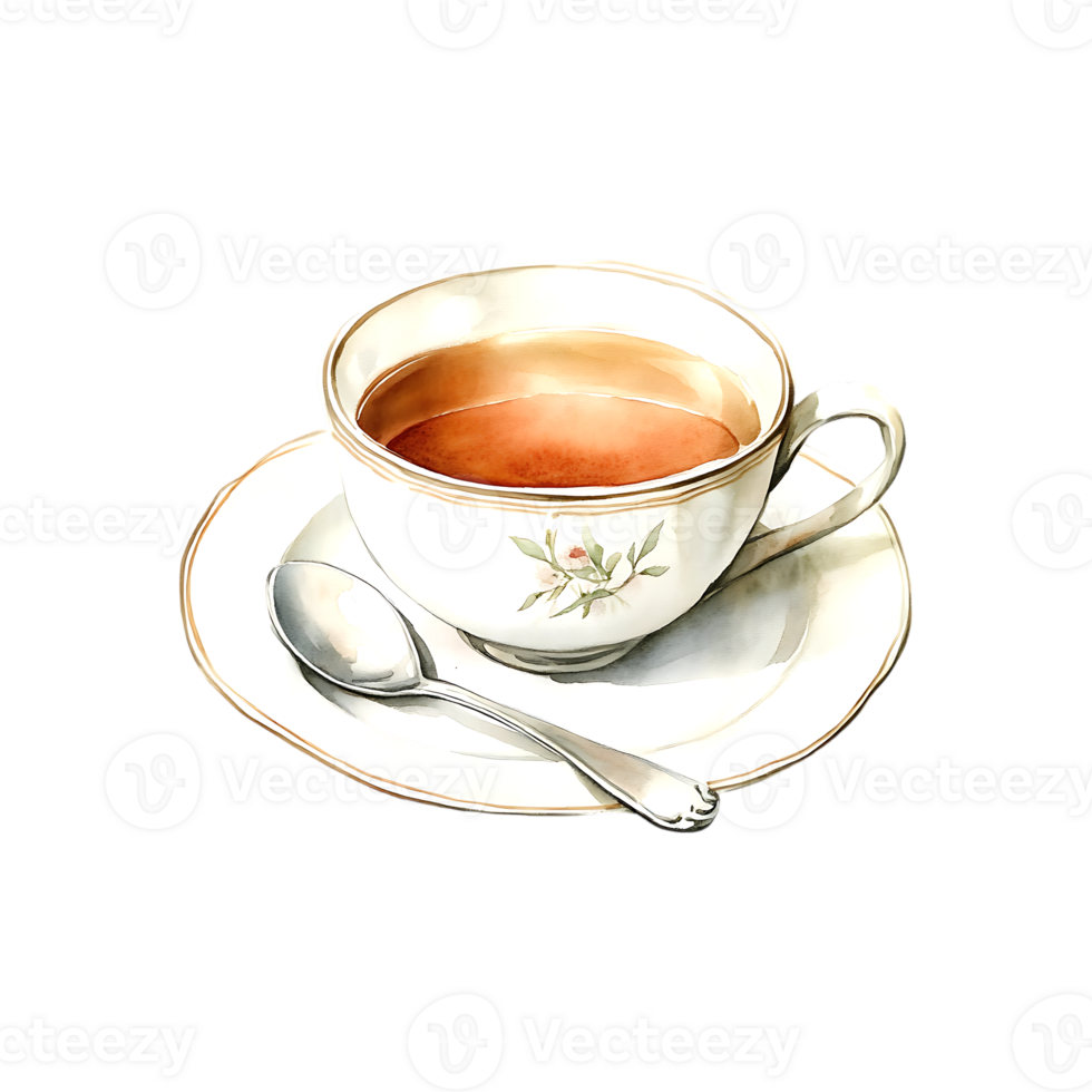 Comforting watercolor tea cup with saucer and spoon illustration on a transparent background png