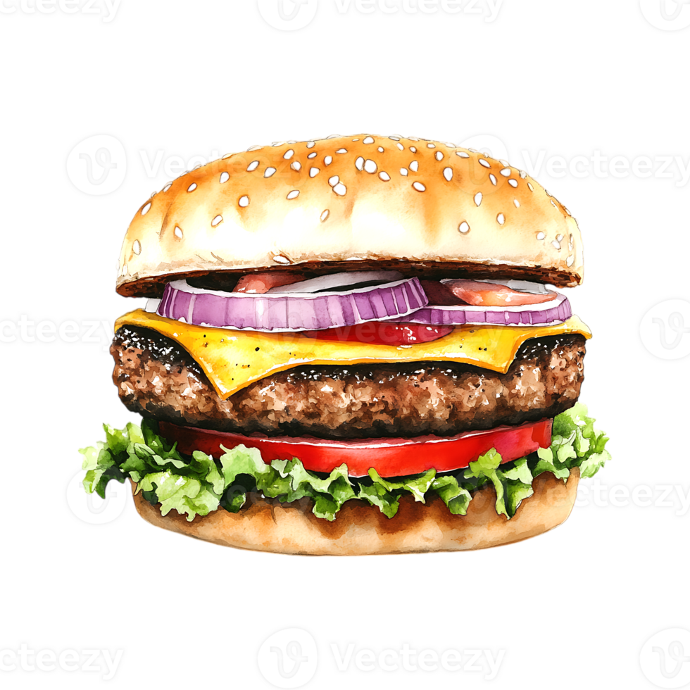 Watercolor illustration of a vibrant burger showcasing layers and colors in isolated design png