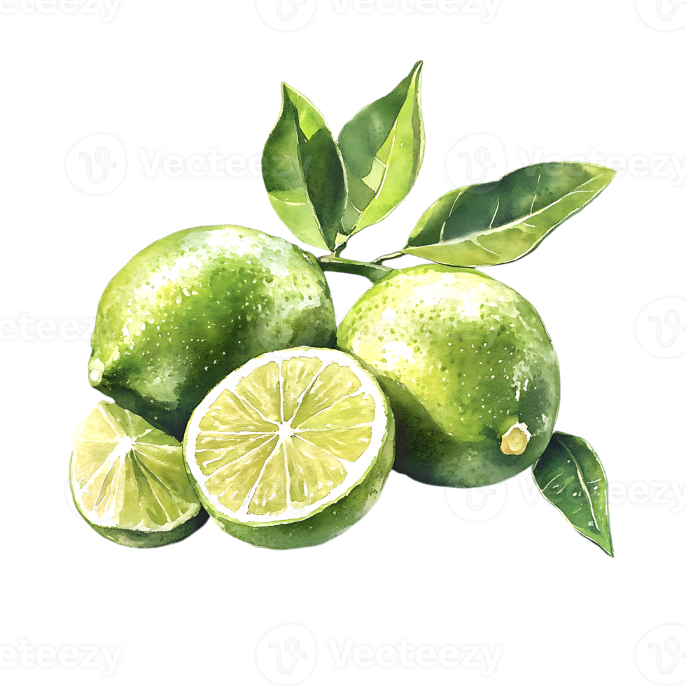 Watercolor botanical illustration of fresh limes and leaves on a transparent background png