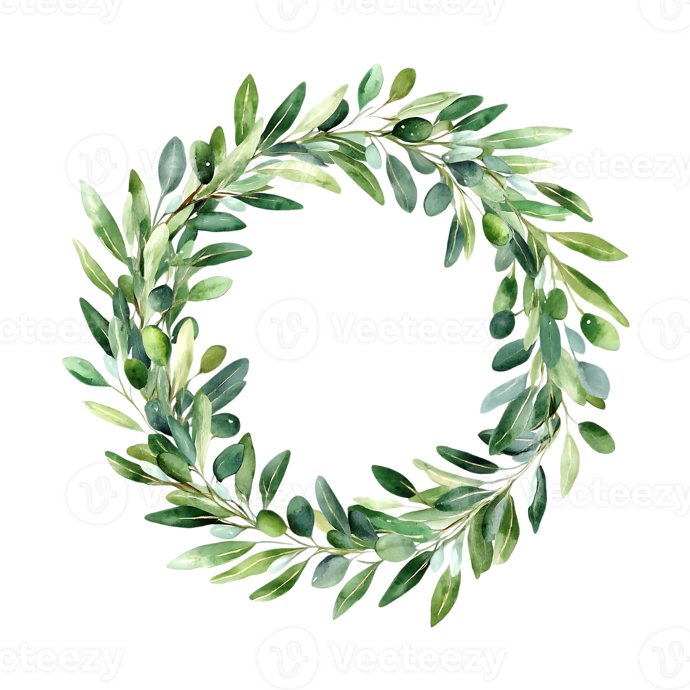 Hand-painted watercolor wreath of olive branches ideal for packaging and seasonal invitations png