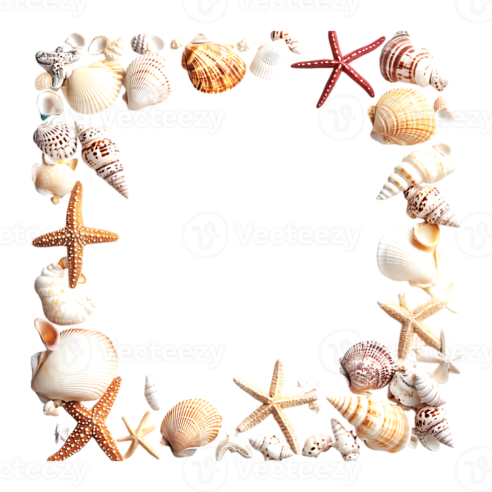 Decorative Watercolor Seashells and Starfish Border on a transparent background png