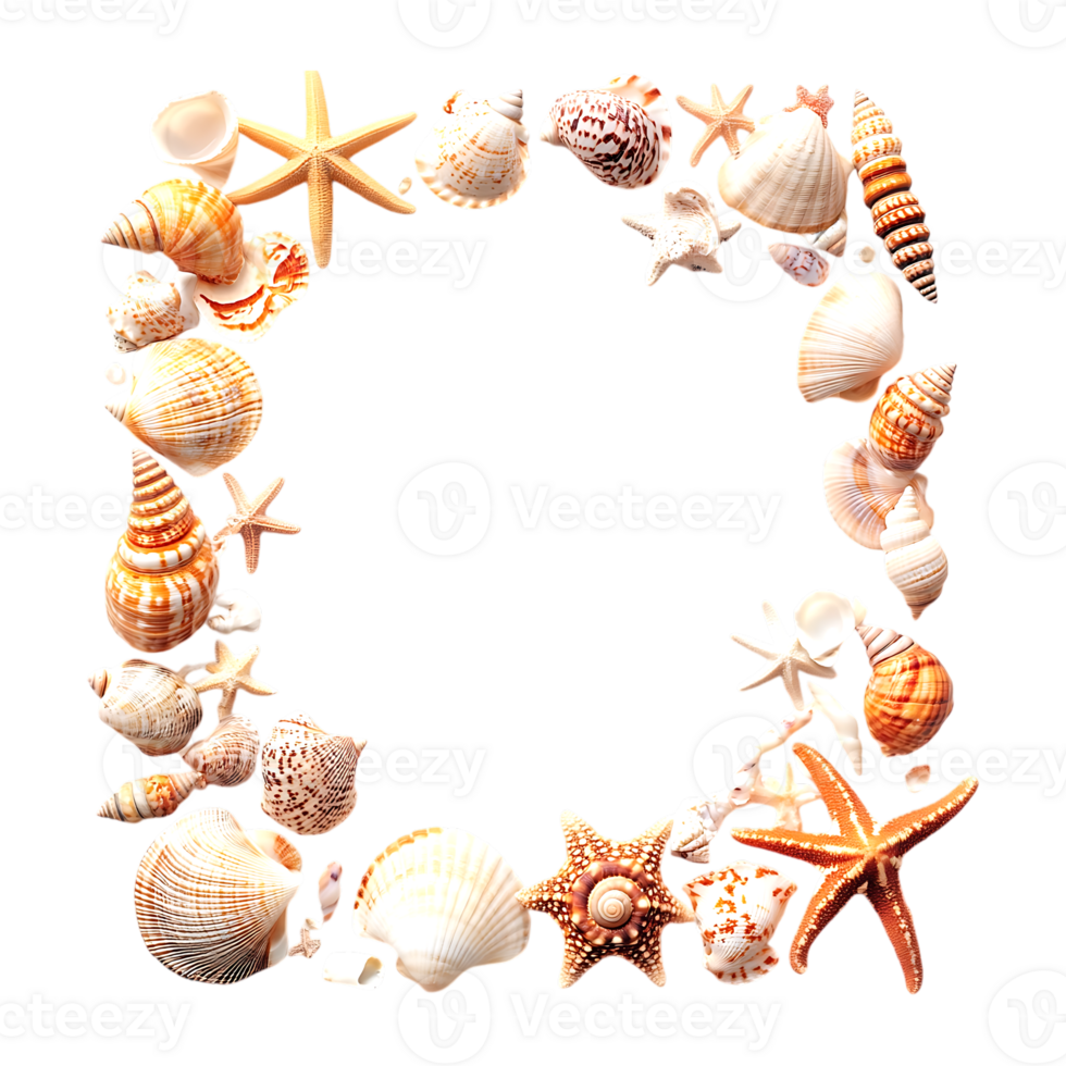 Coastal Watercolor Seashells and Starfish Border on a transparent background png