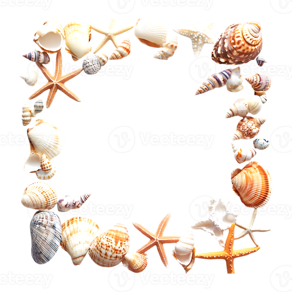 Watercolor Frame of Seashells and Starfish for Coastal Designs on a transparent background png