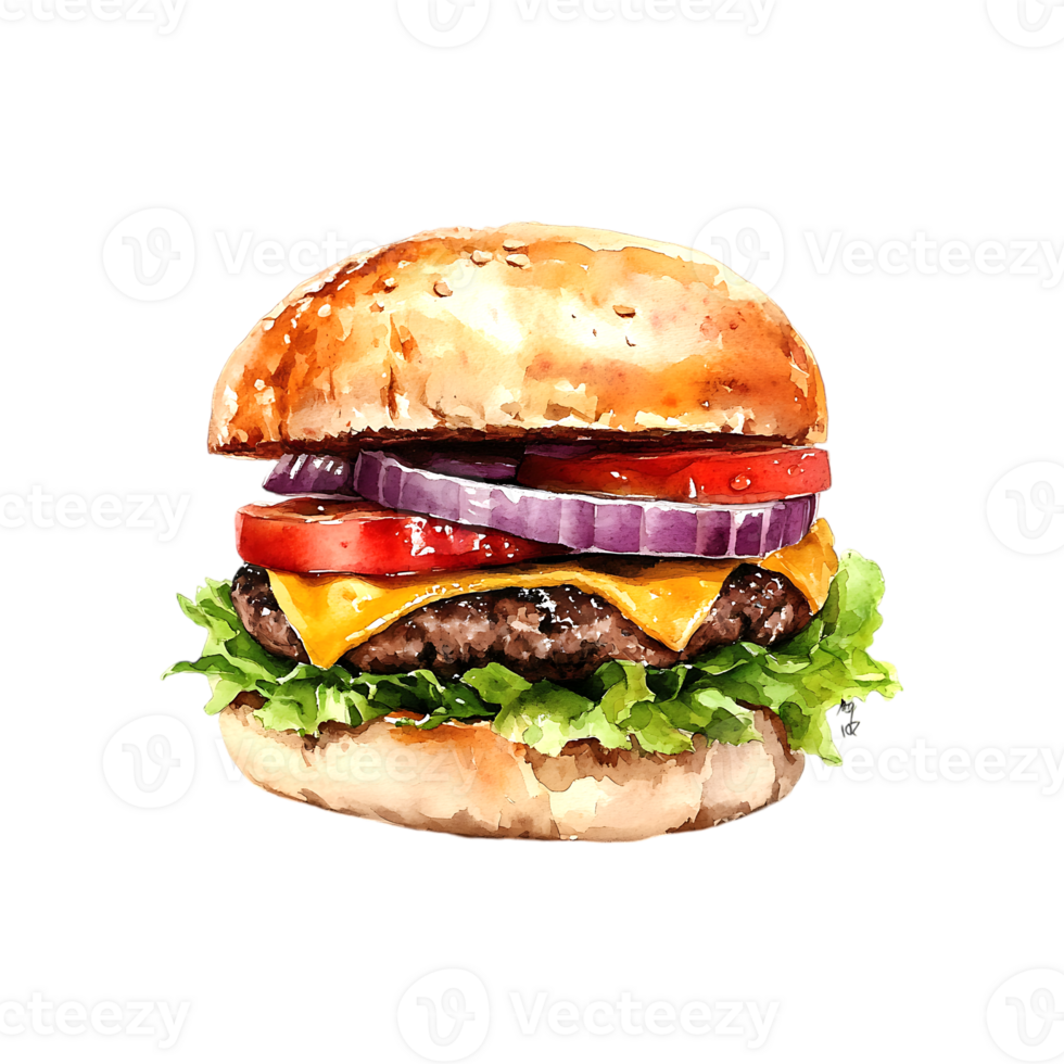 Watercolor burger illustration in isolated format showcasing vibrant layers and fresh ingredients png