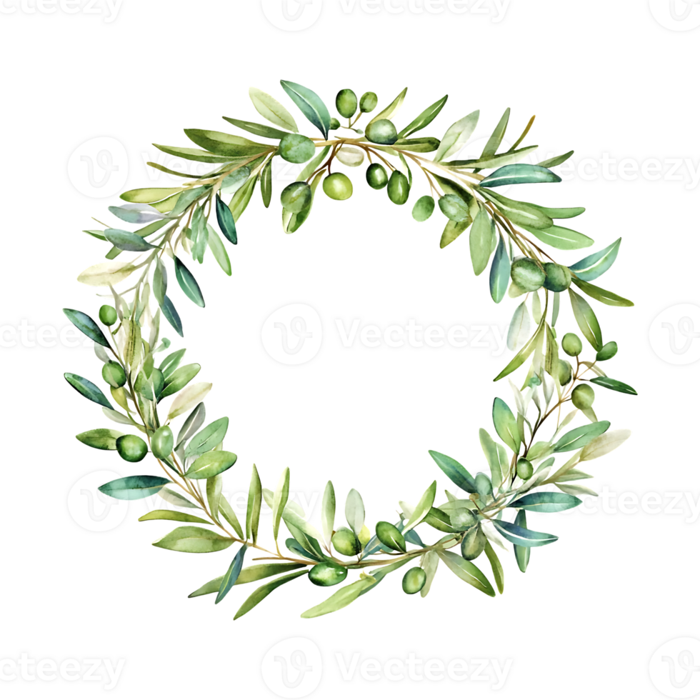 Watercolor wreath of olive branches hand-painted for rustic seasonal invitations and menus png