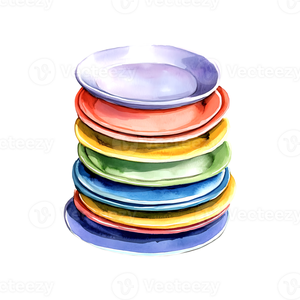 Artistically arranged watercolor stack of dinner plates isolated for a minimalist kitchen design png