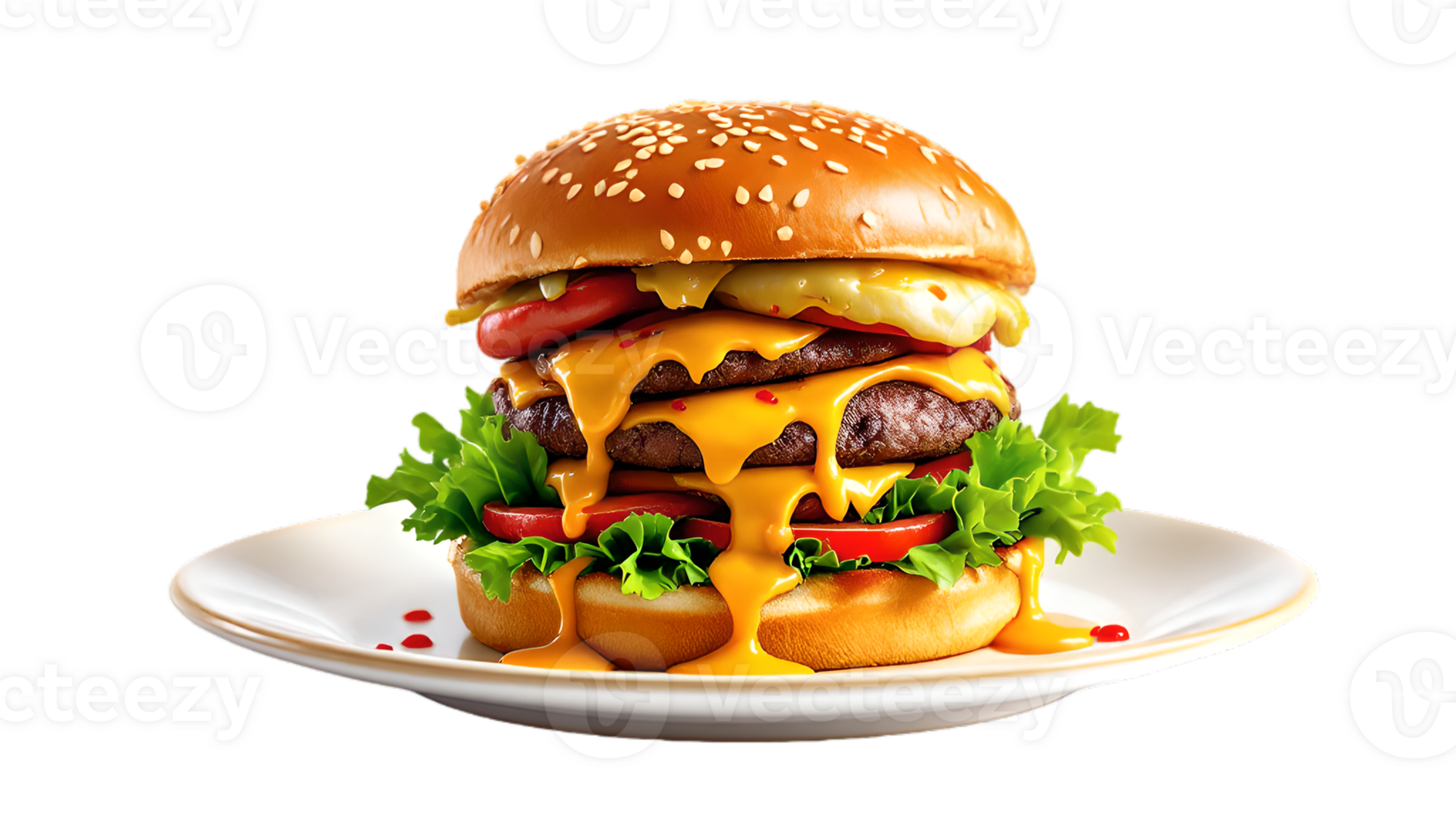 Mouthwatering dripping sauces Burger on plate, png