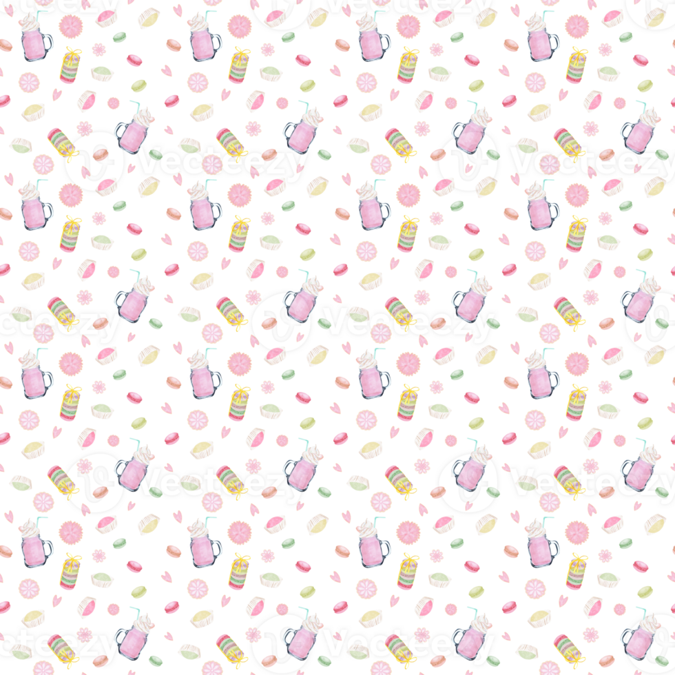 Seamless pattern with delicious sweets. Cookies, macaroons, mochi, latte, biscuits. For textile. Hand-drawn watercolor png