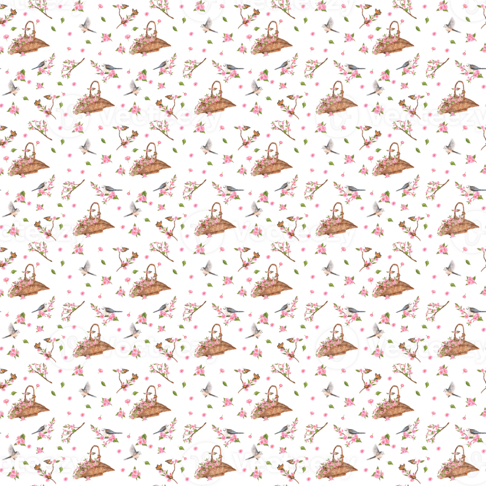 Seamless pattern with pink Sakura flowers and leaves, branches, wicker baskets and birds. Hand-drawn watercolor png