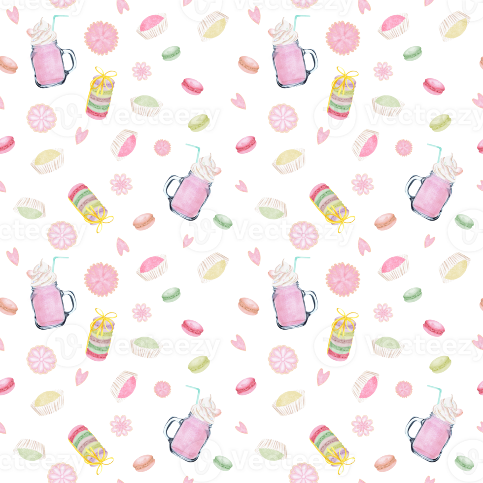 Seamless pattern with delicious sweet cookies, macaroons, mochi, latte. For textile, printing. Hand-drawn watercolor png