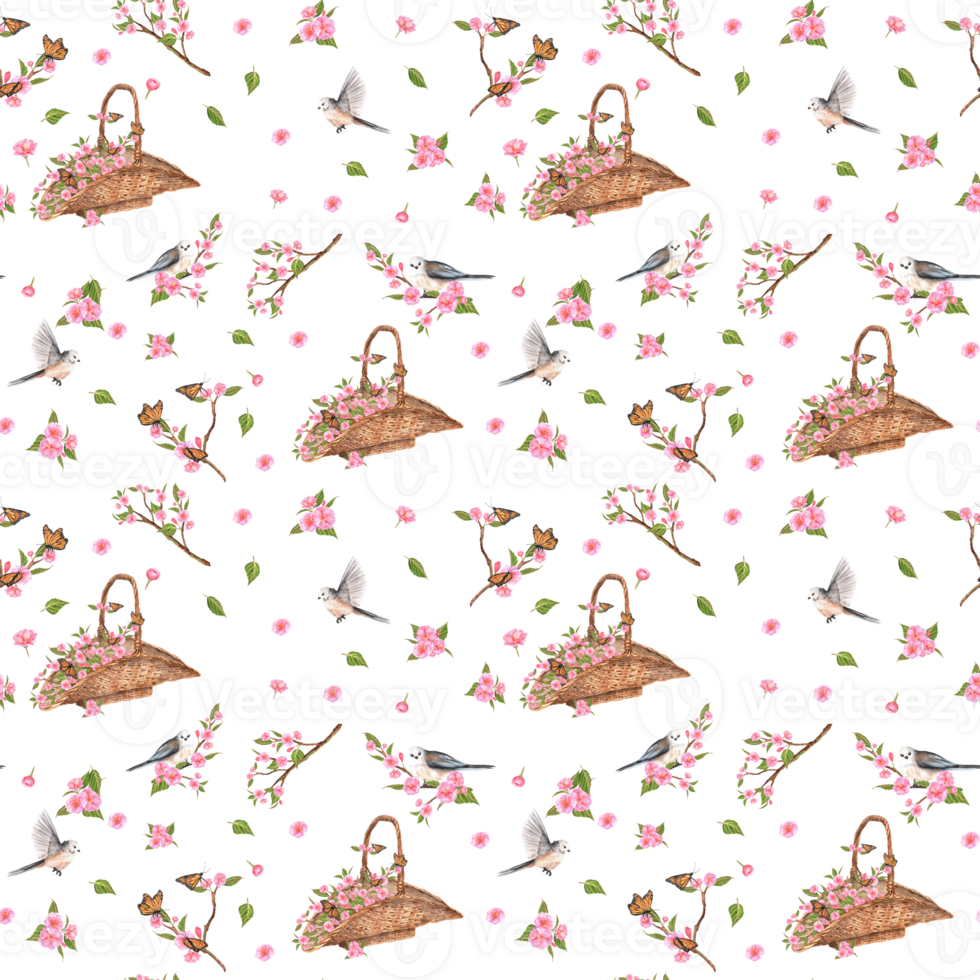 Floral seamless pattern with pink Sakura flowers and leaves, branches, wicker baskets and birds. Hand-drawn watercolor png