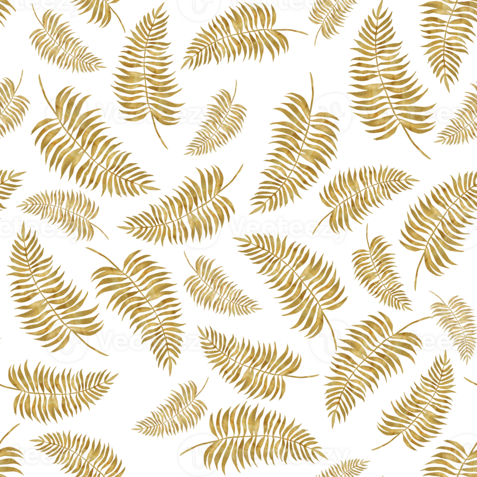 Seamless pattern with golden fern branchlets. Floral pattern with gold. Hand-drawn watercolor png
