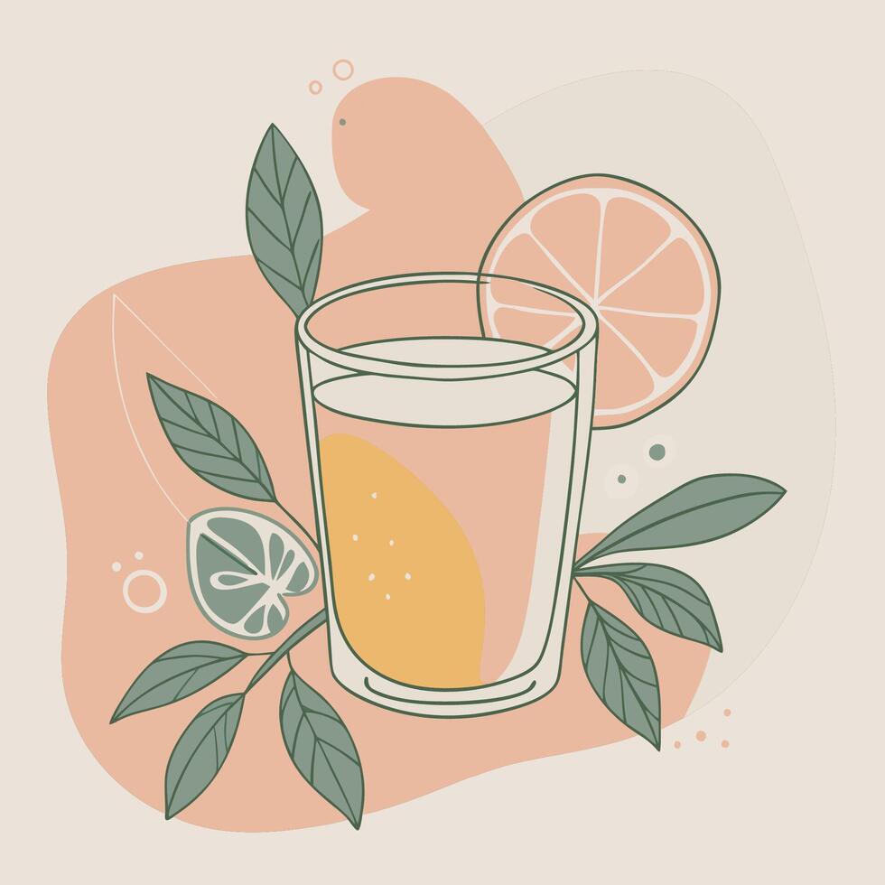 A glass of lemonade with a slice of lemon vector