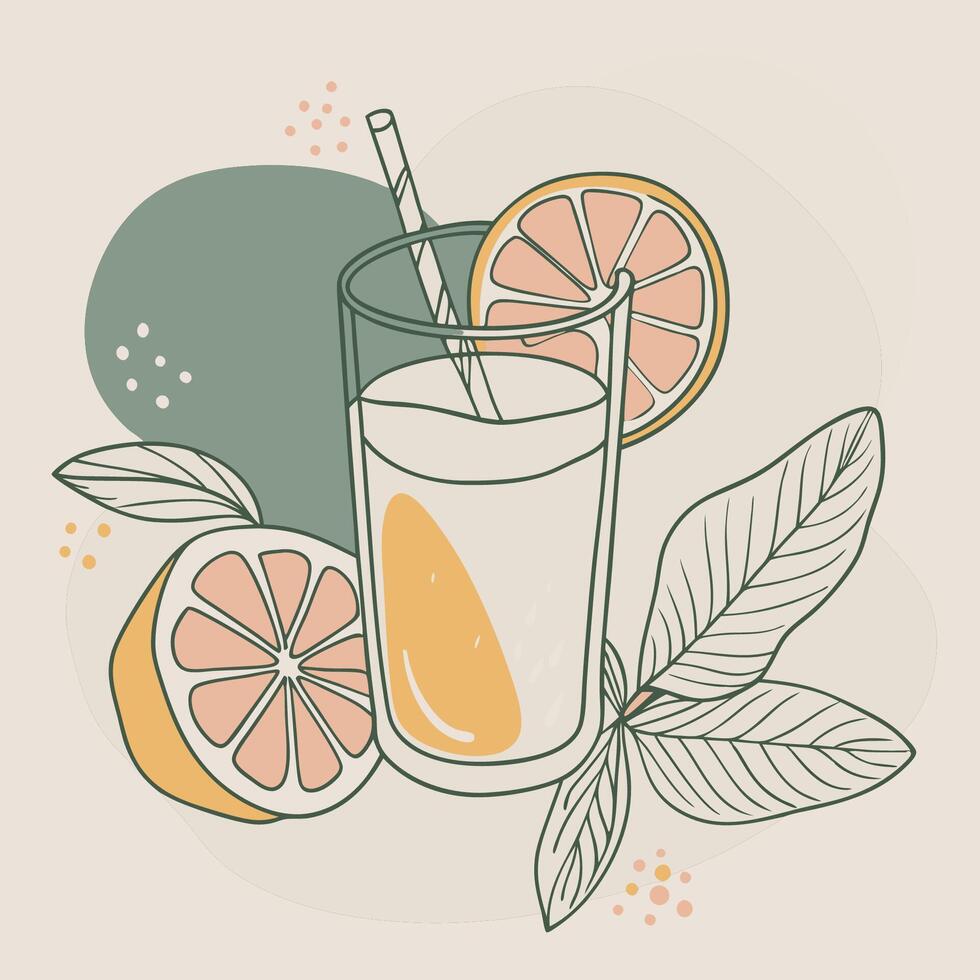 A glass of orange juice with a straw and leaves vector