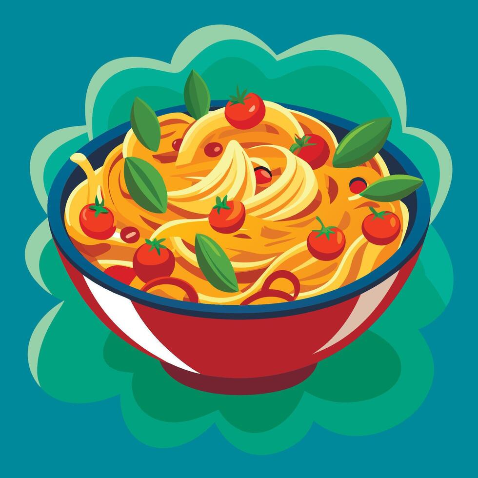 Pasta with tomatoes and basil in a bowl vector