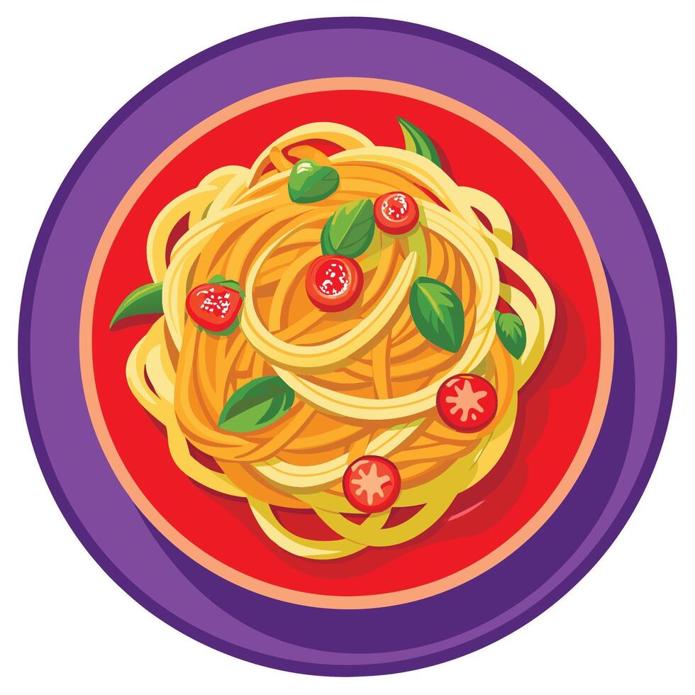 Spaghetti with tomatoes and basil on a plate vector