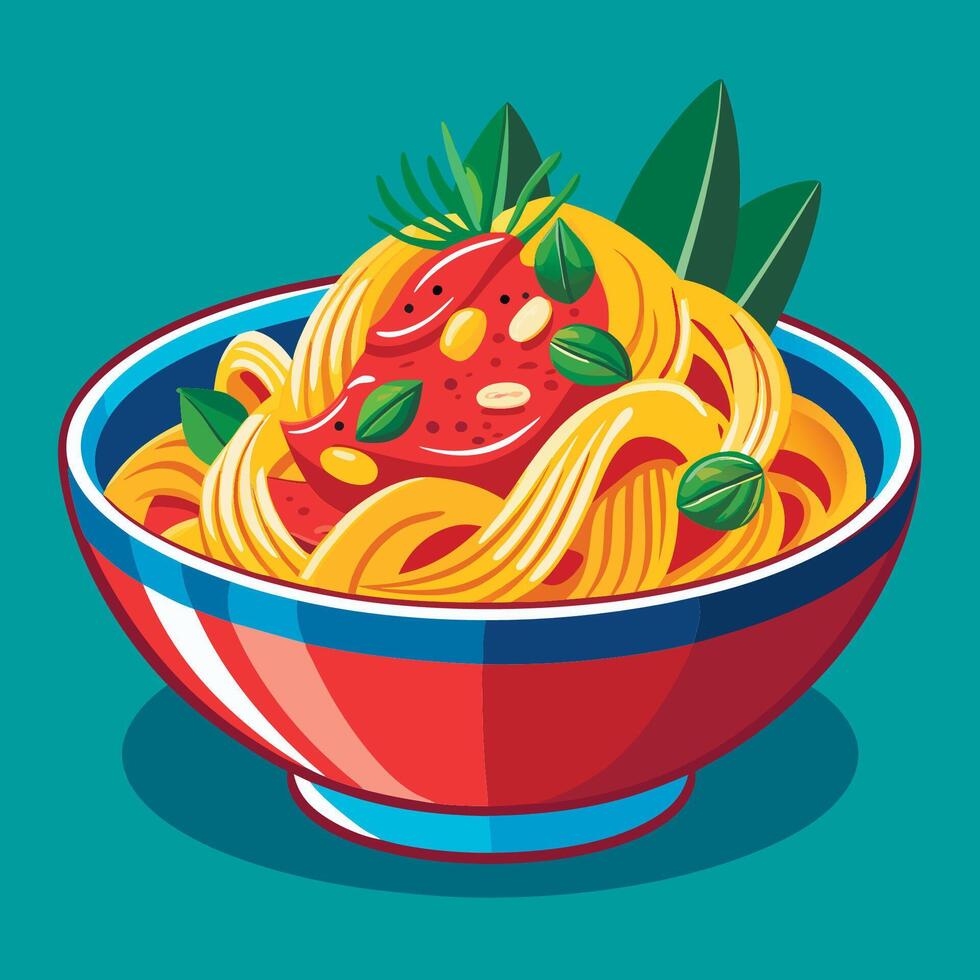 Pasta with tomato and basil in a bowl vector