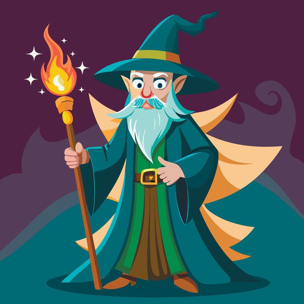 Cartoon wizard with a wand and hat vector
