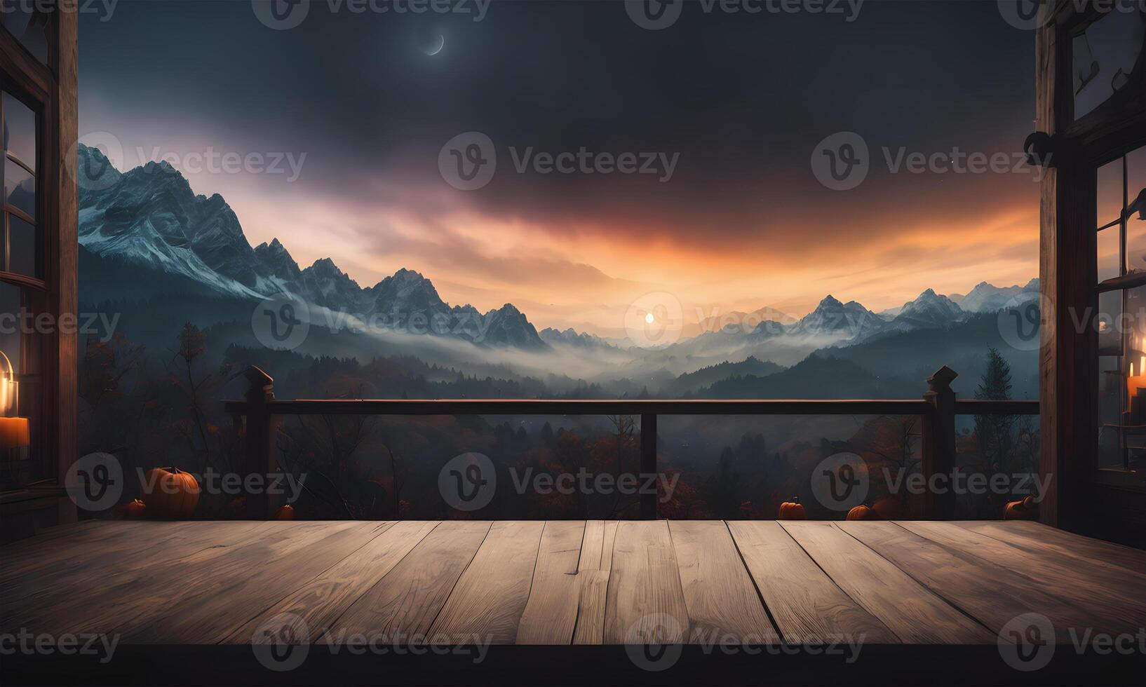 a window with a view of mountains and a fire photo