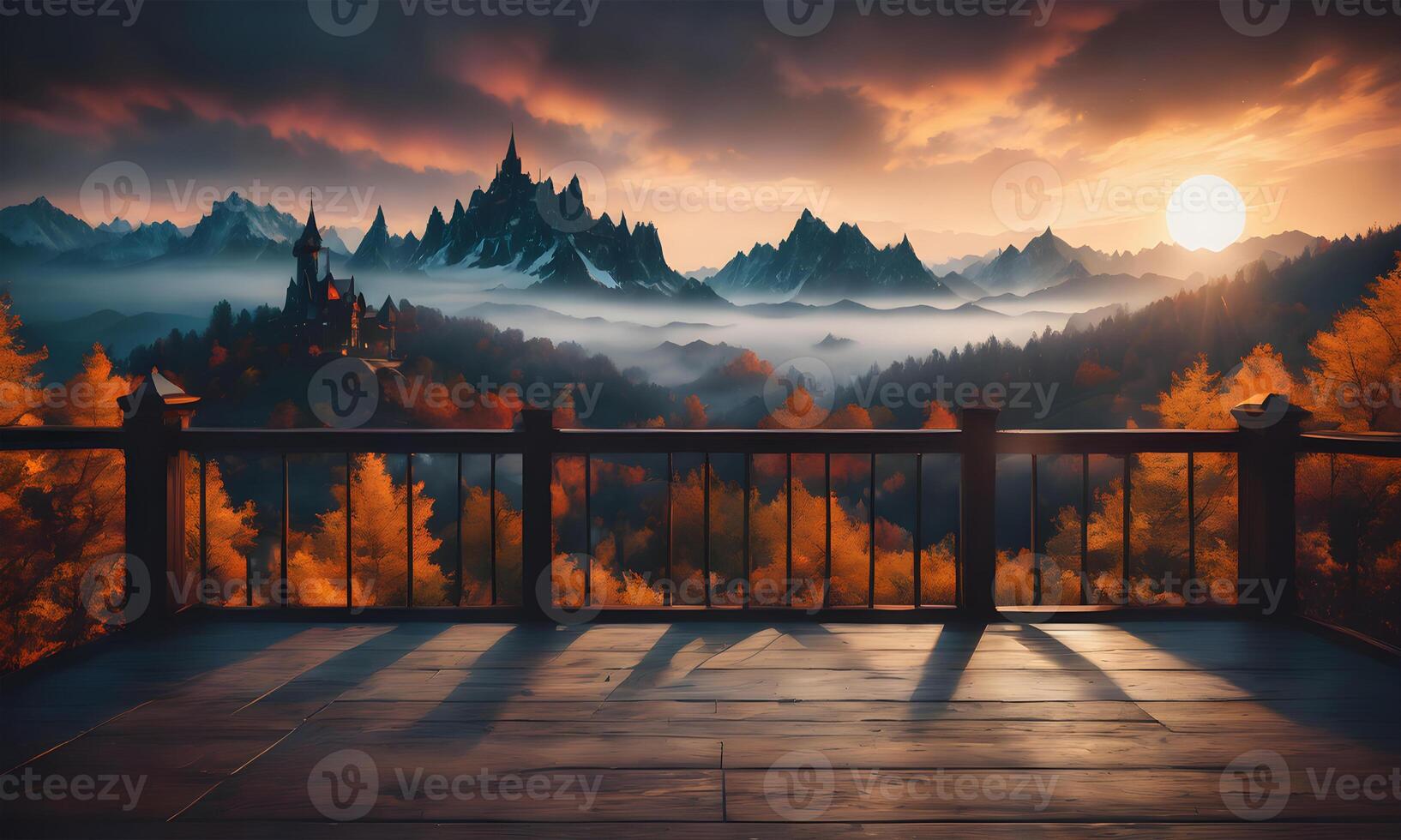 the view from a balcony overlooking a mountain range photo