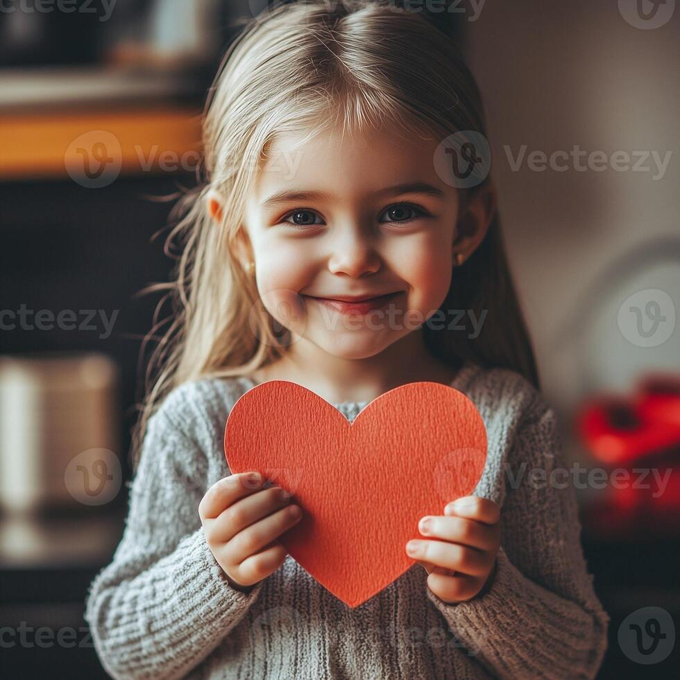 A smiling young girl holding a red heart-shaped paper, expressing joy and warmth, with a soft indoor background. photo