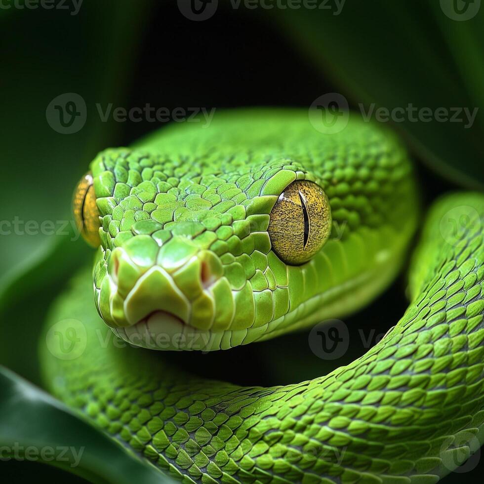 A close-up of a green snake with vivid scales and striking golden eyes, coiled gracefully in a natural jungle setting. photo