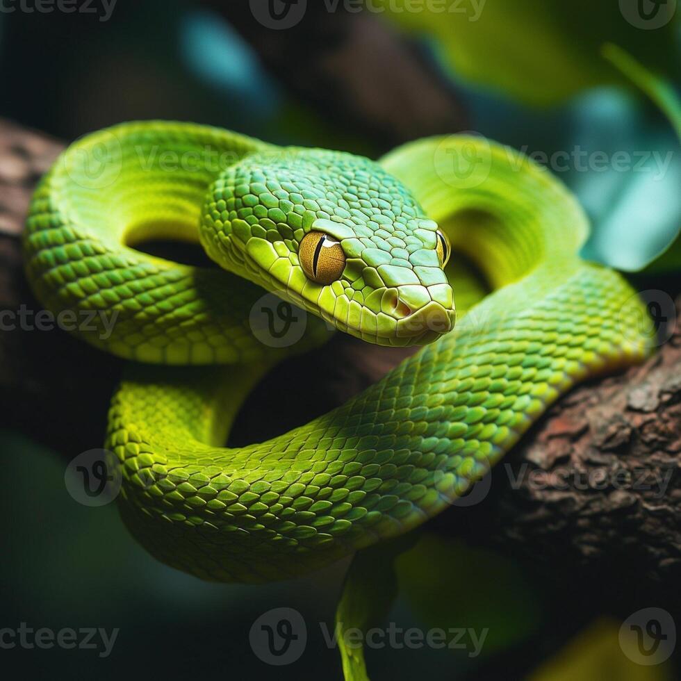A vibrant green snake coiled on a tree branch, showcasing its intricate scales and golden eyes in a jungle setting. photo