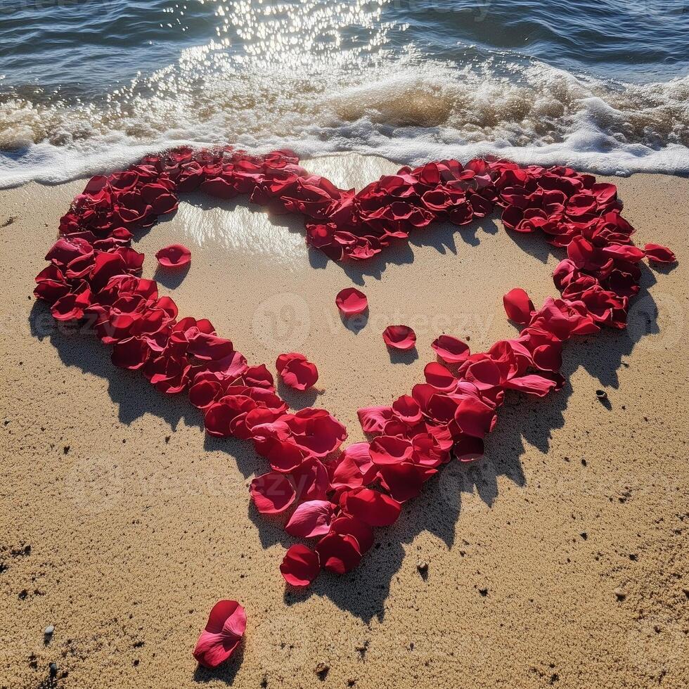 A heart made of red rose petals arranged on soft sand, symbolizing love and romance in a beach setting. photo