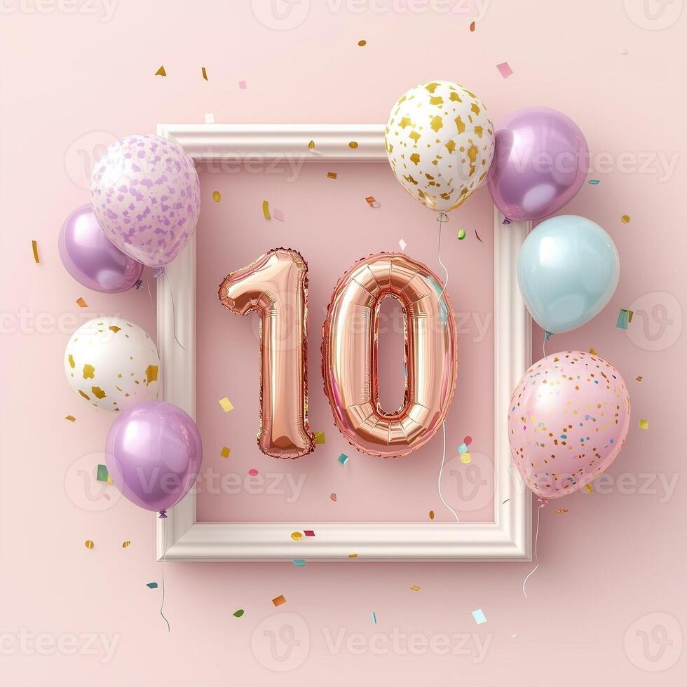 Pink and gold birthday celebration frame with number balloons and colorful confetti on pastel background. photo