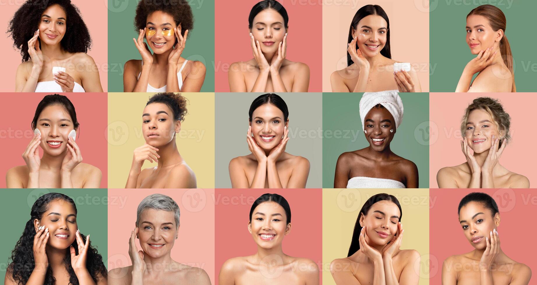 A group of women from various backgrounds demonstrates their skincare routines, each expressing joy and confidence while applying products in a vibrant, pastel-colored setting. photo