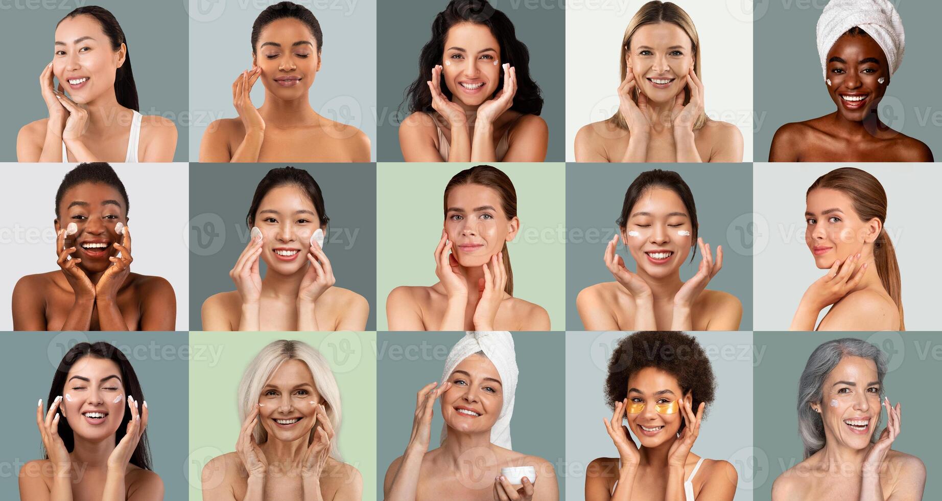 A group of women from various backgrounds are applying skincare products while smiling. Each woman is engaged in a different routine, showcasing the diversity of beauty practices and appearances. photo