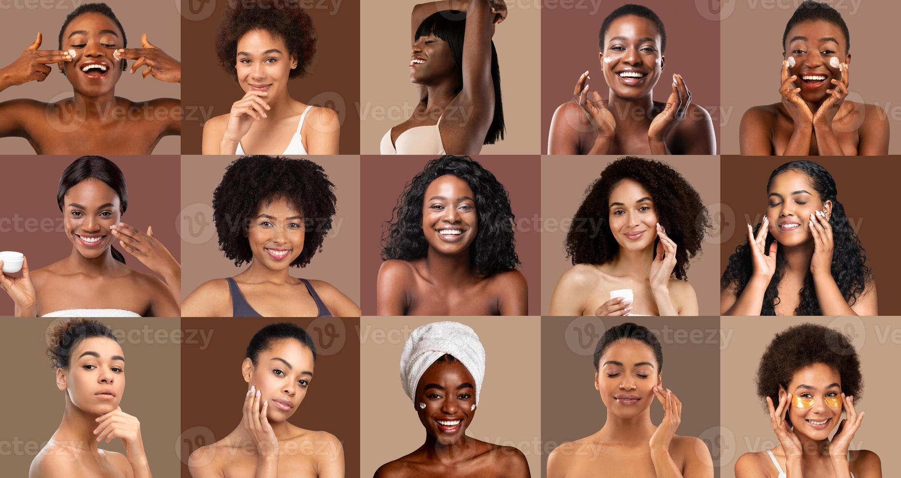 A vibrant collage features diverse women expressing joy and showcasing various skincare products and routines. Each portrait highlights unique beauty and personal care moments. photo