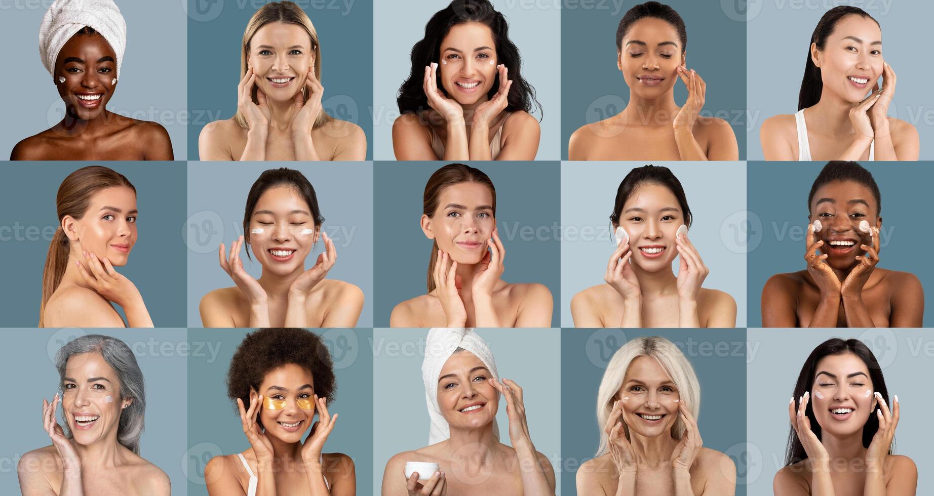 A group of women of various ages engages in a skincare routine, smiling and applying products. The setting is bright and modern, fostering a sense of wellness and self-care. photo