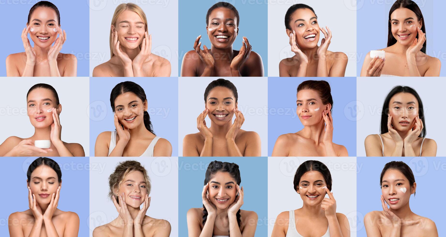 A vibrant collage features women of various backgrounds engaging in skincare routines, showcasing a range of expressions and products. This highlights the importance of self-care and beauty. photo