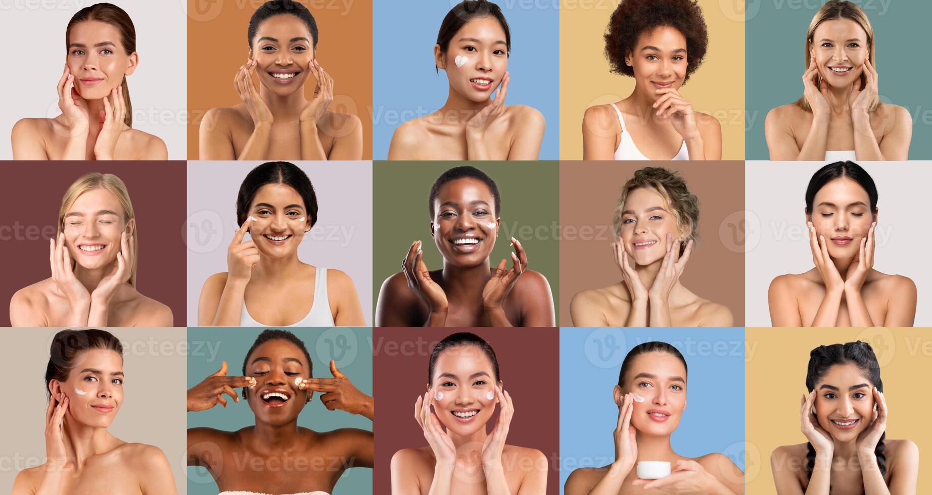 A group of women with different skin tones and features demonstrates various skincare routines against vibrant backgrounds, highlighting the importance of self-care and beauty. photo