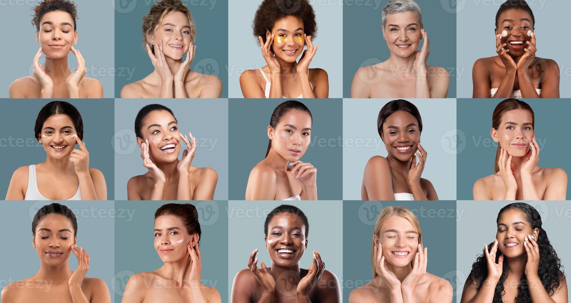 A variety of women of different ages express joy while demonstrating their skincare routines. Each woman is engaging with her skin, creating an atmosphere of self-care and wellness. photo