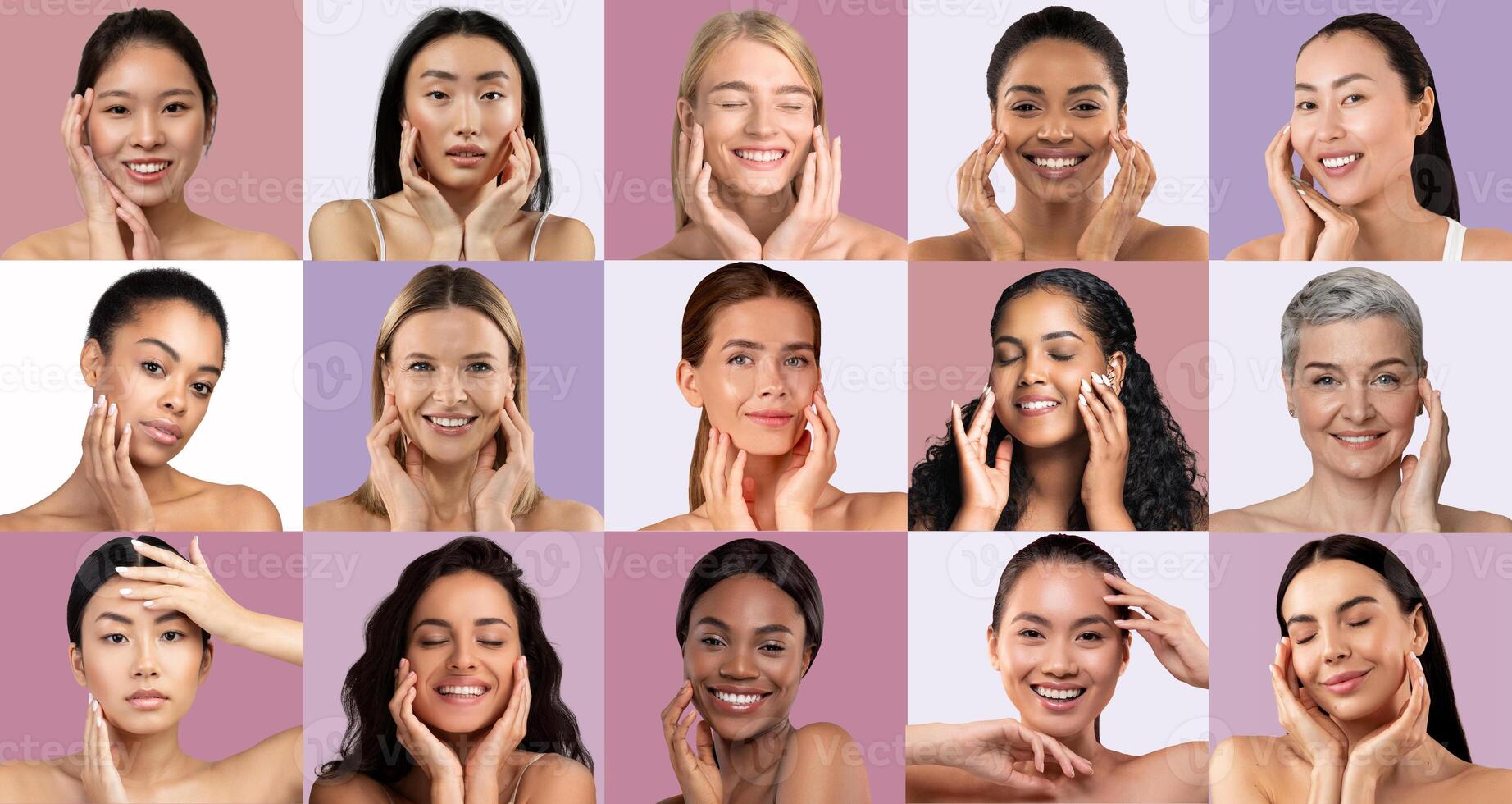 Various women are engaged in their skincare routines, showcasing diverse techniques and expressions of joy against colorful backgrounds. They emphasize self-care and confidence. photo