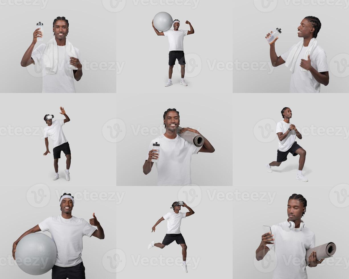 African American man showcases different fitness activities, holding a water bottle, exercise ball, and towel, while demonstrating energy and enthusiasm in a stylish gym environment. photo