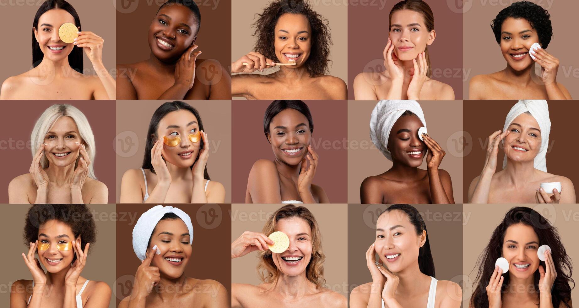 A group of diverse women engage in a skincare routine, showcasing various natural products. Their joyful expressions highlight the importance of self-care during a beauty session. photo