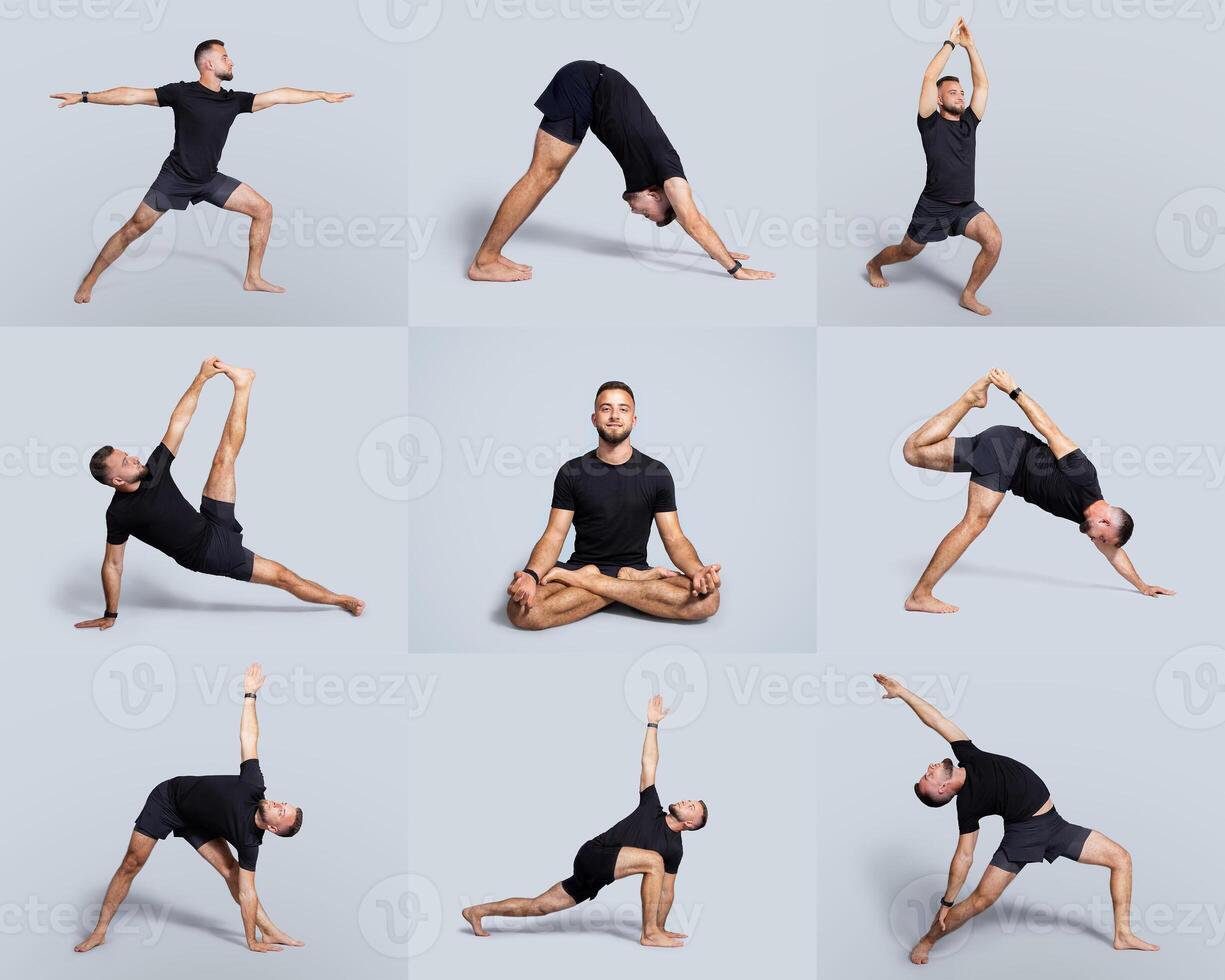 A man practices multiple yoga poses including downward dog, warrior, and lotus. The setting is minimalistic with a light gray backdrop, highlighting his focus and movements. photo