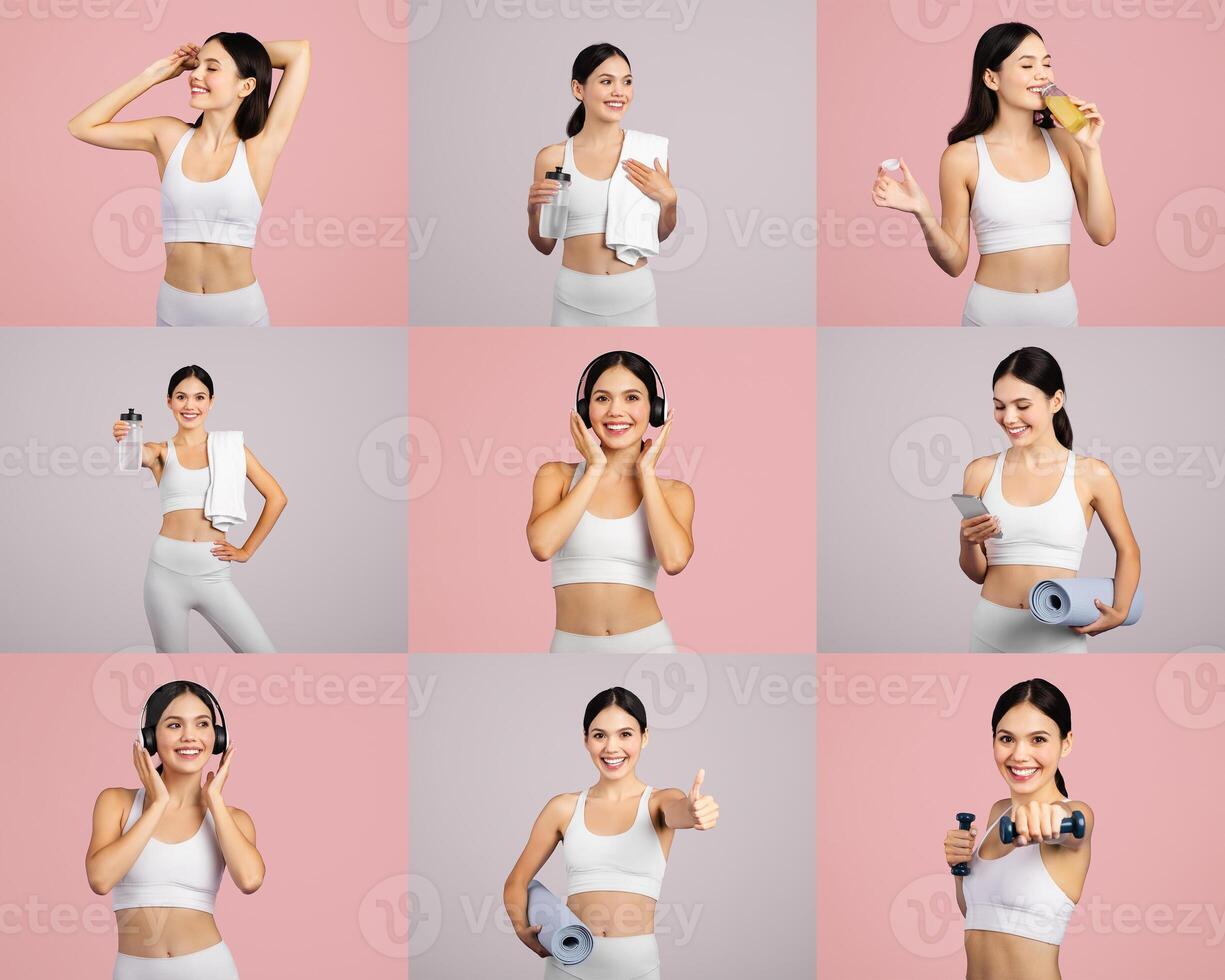 A young woman showcases her enthusiasm for fitness by posing with different workout items. She holds weights, a towel, and a water bottle, exuding positivity and energy in a vibrant setting. photo