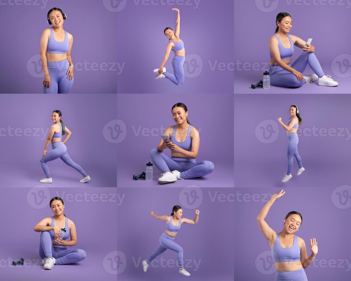 Asian fit woman wearing light blue activewear performs different poses, expressing joy and energy. The backdrop is a soft purple, enhancing her vibrant movements and positive demeanor. photo
