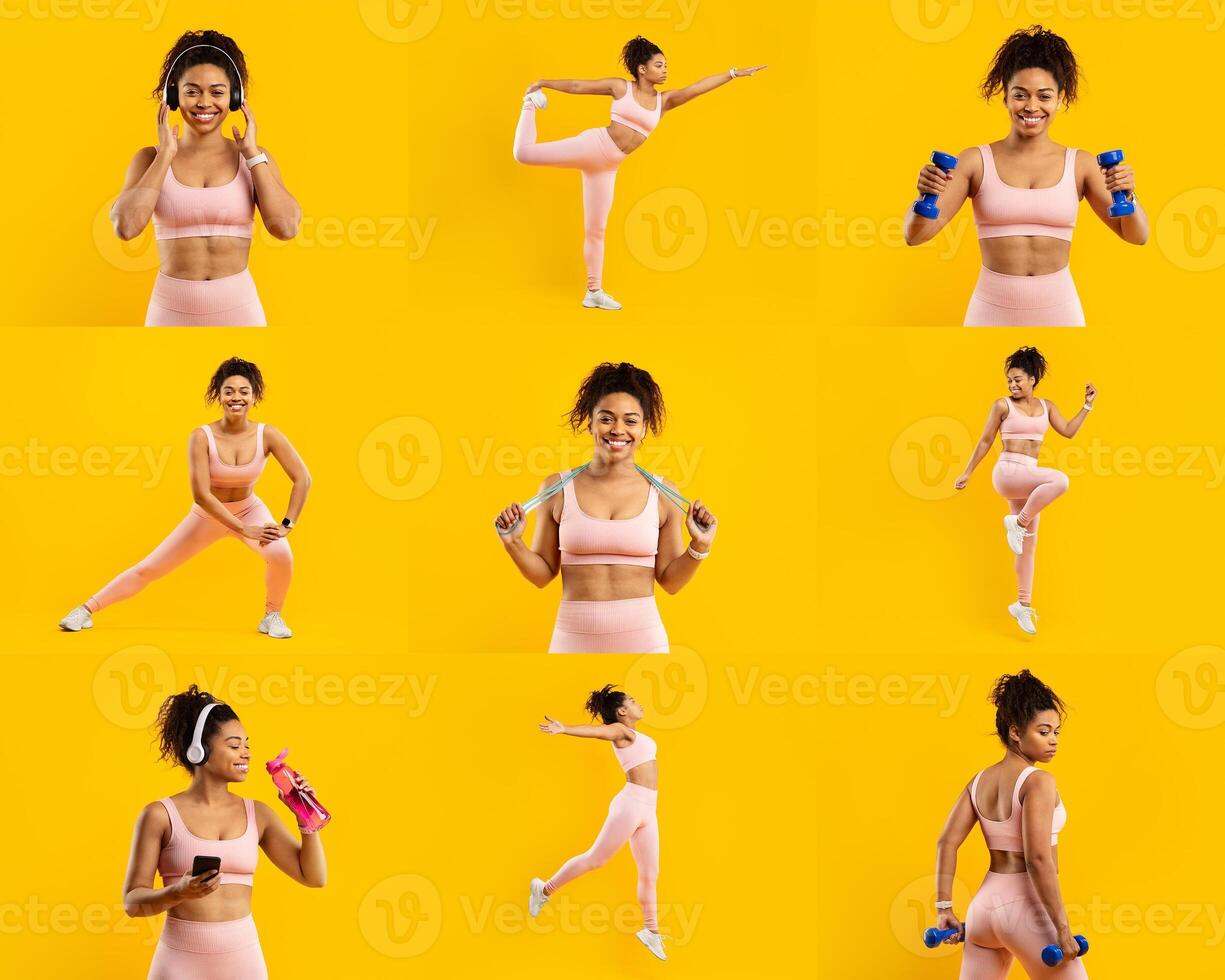 A young African American woman performs multiple fitness activities, showcasing her workout routine in a vibrant yellow setting. She's seen using dumbbells, stretching, and staying active. photo