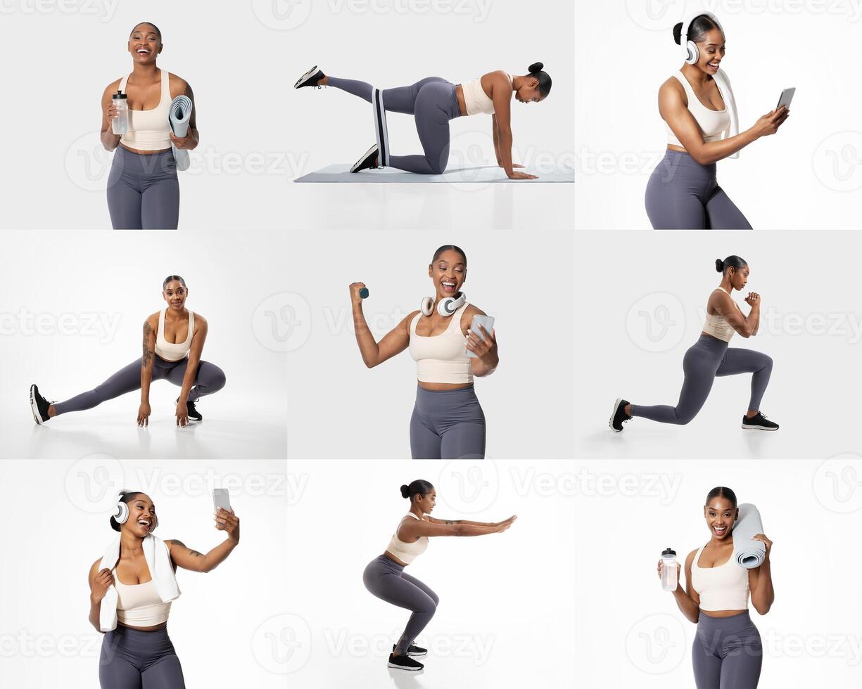 African American woman performs different workout routines, including lunges and squats, while wearing headphones. She interacts with her phone and holds dumbbells, showcasing an active lifestyle. photo
