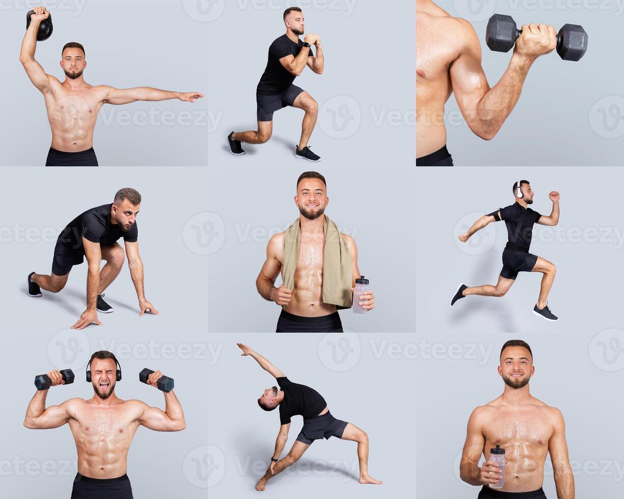 A man performs a series of physical exercises, showcasing strength training and cardio movements while using dumbbells. He appears fit and engaging in a well-lit indoor environment. photo
